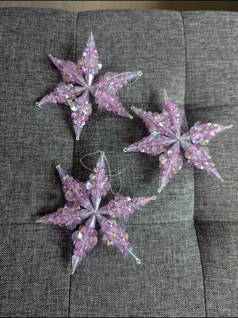 Iridescent Purple Beaded Crystal Star Ornaments - Set of 3